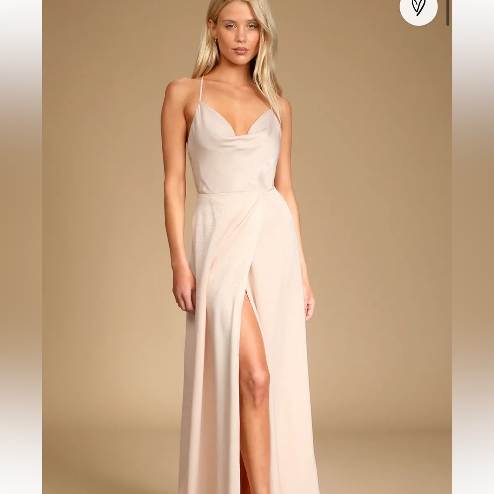 Lulu’s Love of Romance Light Peach Satin Cowl Neck Maxi Dress